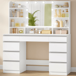 🌟 Großer LED-Schminktisch mit HD-Spiegel und LED-Lichtern - Weiß-Silber DT35703WV1 🌟