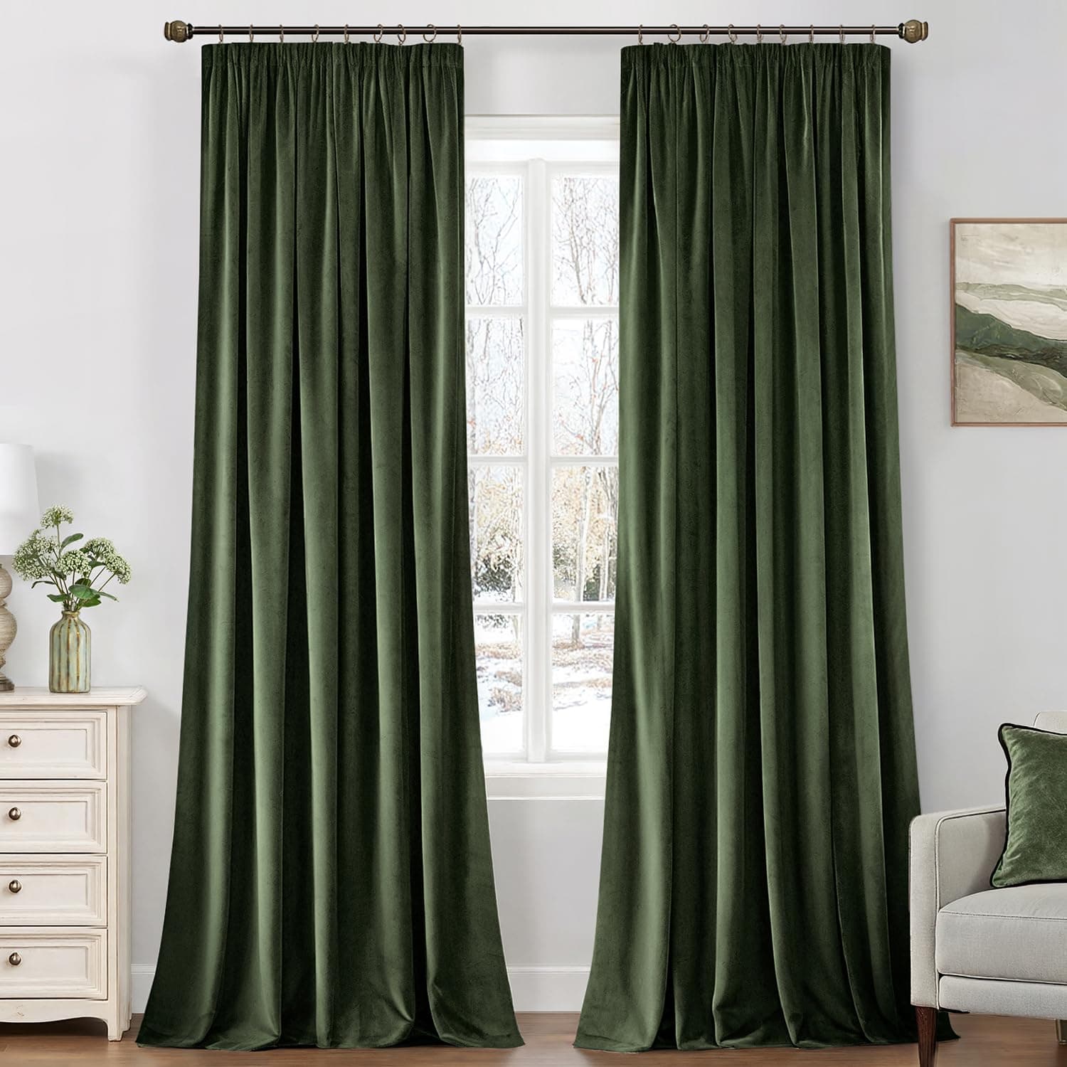 MIULEE Samtvorhang mit Kräuselband 2er Set 140X245 cm - Olivgrün
