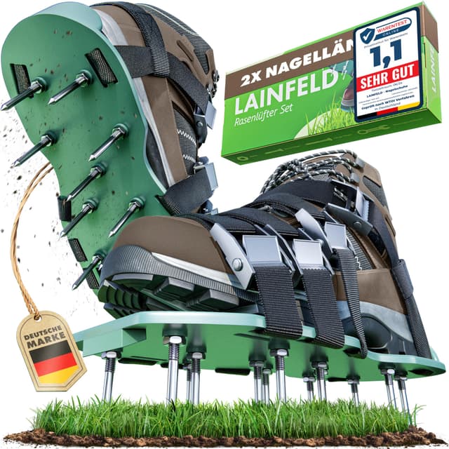 LAINFELD Rasenlüfter | Nagelschuhe mit kurzen und langen Nägeln 🌱 4 Riemen | Vertikutierer für Rasen | Aerifizierer Gartenschuhe Metallverschluss