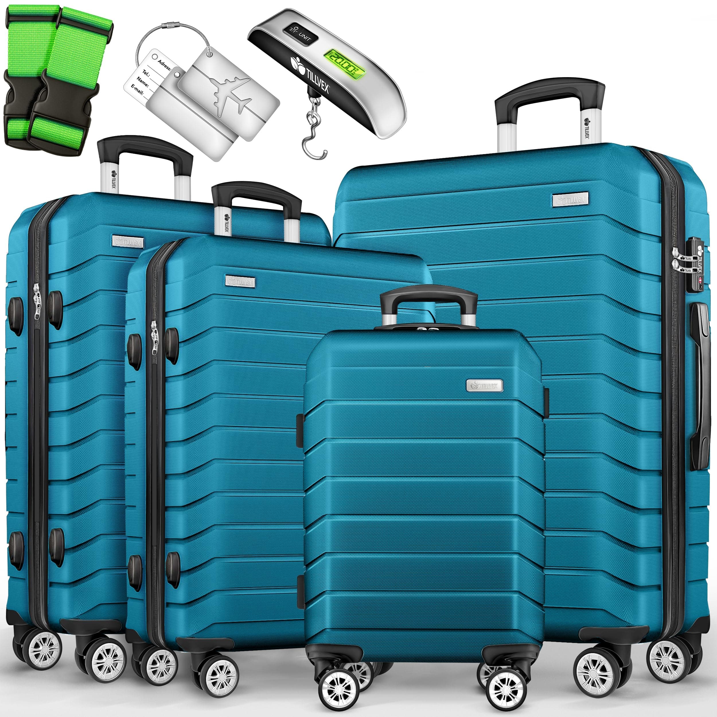 🌟 tillvex® Reisekoffer Set 4-teilig + Gepäckwaage, 8X Koffergurte & 4X Kofferanhänger 🧳