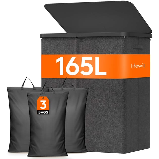 🌟 Lifewit 160L 3 Fächer Wäschekorb mit Deckel in Dunkelgrau 🧺