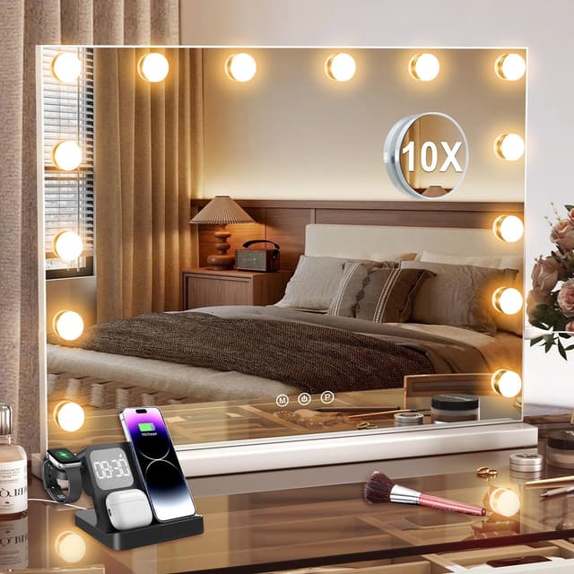 Ereousa Hollywood Spiegel 50x40 cm mit dimmbarer Beleuchtung - Schminkspiegel mit 14 LED-Lichtern