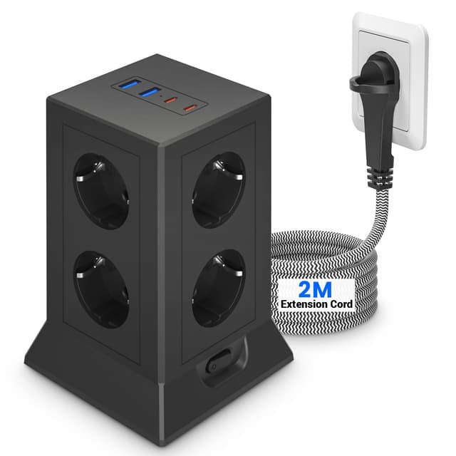 8 Fach Mehrfachsteckdose mit 4 USB C Steckdosenadapter, Steckdosenleiste Überspannungsschutz 🌟