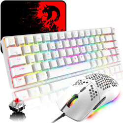 RGB Gaming Tastatur und Maus Set Klein, 68 Tasten Roter Schalter 60% Mini Chroma Mechanische Tastatur, 6400DPI Leichte Programmierbar Waben Maus, USB-Kabel, Weiß