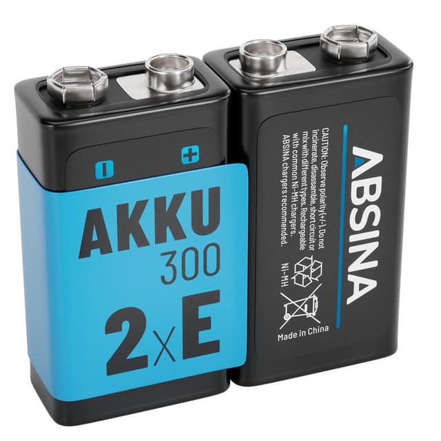 🔋 ABSINA 2X 9V Akku Block wiederaufladbar 300 - 9V Blockbatterie NiMH