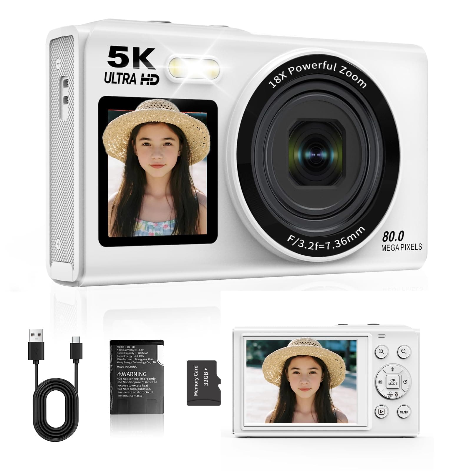 Digitalkamera 5K 80MP Fotokamera mit 2,4" LCD & 1,5" Selfie Display - Weiß