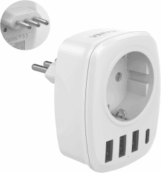 🔌🌍 VINTAR Adapter Italien Steckdose, 5 in1 Reiseadapter Italien, mit 3 USB Anschlüssen und 1 USB C Anschluss, weiß, TYPL