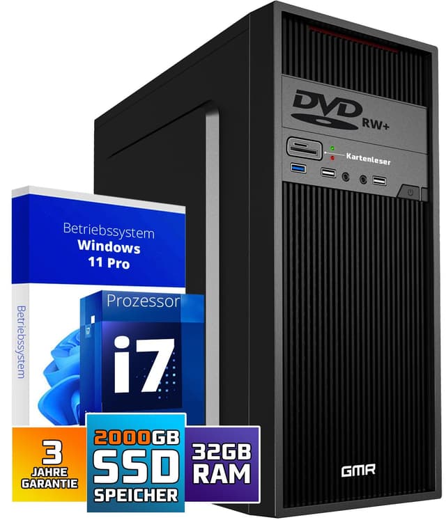 🚀 GMR Ultra Max Desktop PC - Intel i7, Windows 11 Pro, 32GB RAM, 1000GB SSD, USB 3, WiFi, Bluetooth, Office PC Mit DVD, Cardreader, 3 Jahre Garantie