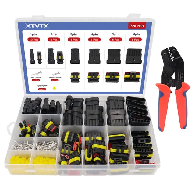 XTVTX 728pcs Kfz Stecker Wasserdicht 12V mit Crimpzange 1/2/3/4/5/6 Pin Auto Stecker