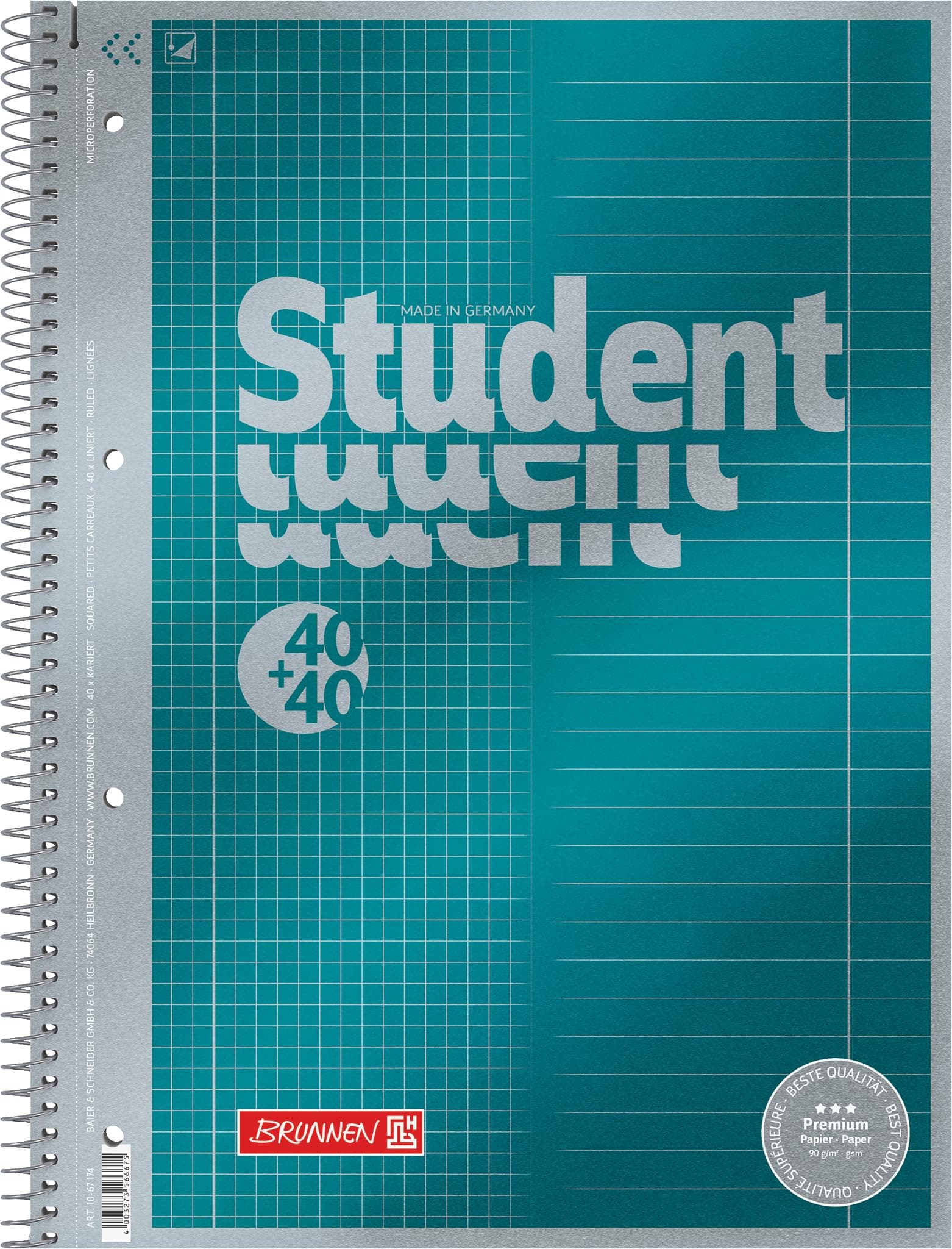 📚 BRUNNEN Collegeblock Premium Student „DUO“ | A4, kariert/liniert, 80 Blatt, petrol 📘