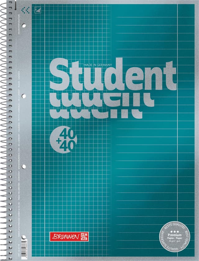 📚 BRUNNEN Collegeblock Premium Student „DUO“ | A4, kariert/liniert, 80 Blatt, petrol 📘
