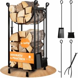 BLACK OAK Kaminholzständer JACINTO - Kaminholzregal schwarz Stahl 78x30x36cm 5-teilig 2 Ebenen Kaminbesteck Set 4-teilig