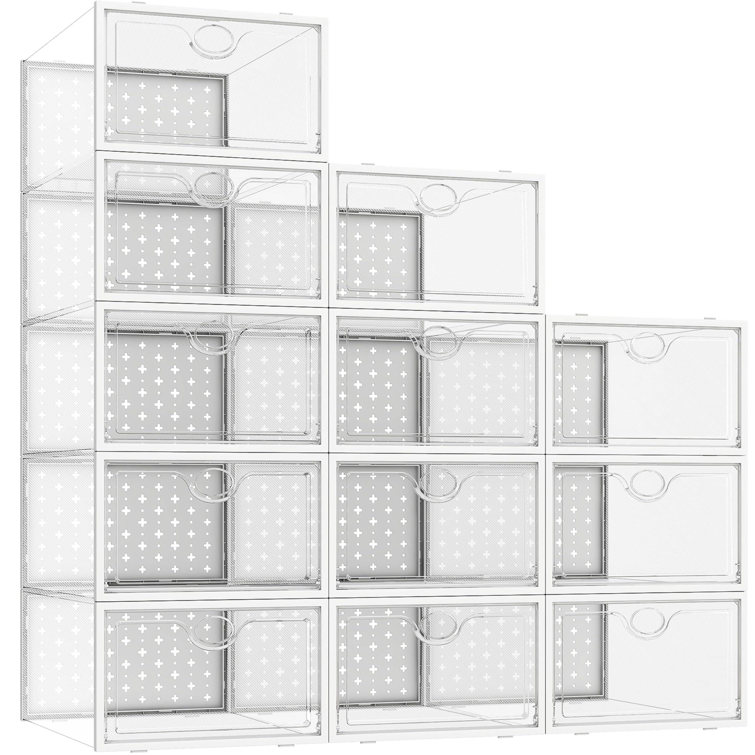 Pinkpum Schuhboxen Stapelbar Transparent, 12 Stück Faltbar Hartplastik Schuhkarton mit Deckel mit PP Türrahmen, Schuh-Organizer Schuhaufbewahrung für Stöckelschuhe, Stiefeletten, bis Größe 44 Weiß 12 Pack Größe 44 Weiß
