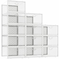 Pinkpum Schuhboxen Stapelbar Transparent, 12 Stück Faltbar Hartplastik Schuhkarton mit Deckel mit PP Türrahmen, Schuh-Organizer Schuhaufbewahrung für Stöckelschuhe, Stiefeletten, bis Größe 44 Weiß 12 Pack Größe 44 Weiß