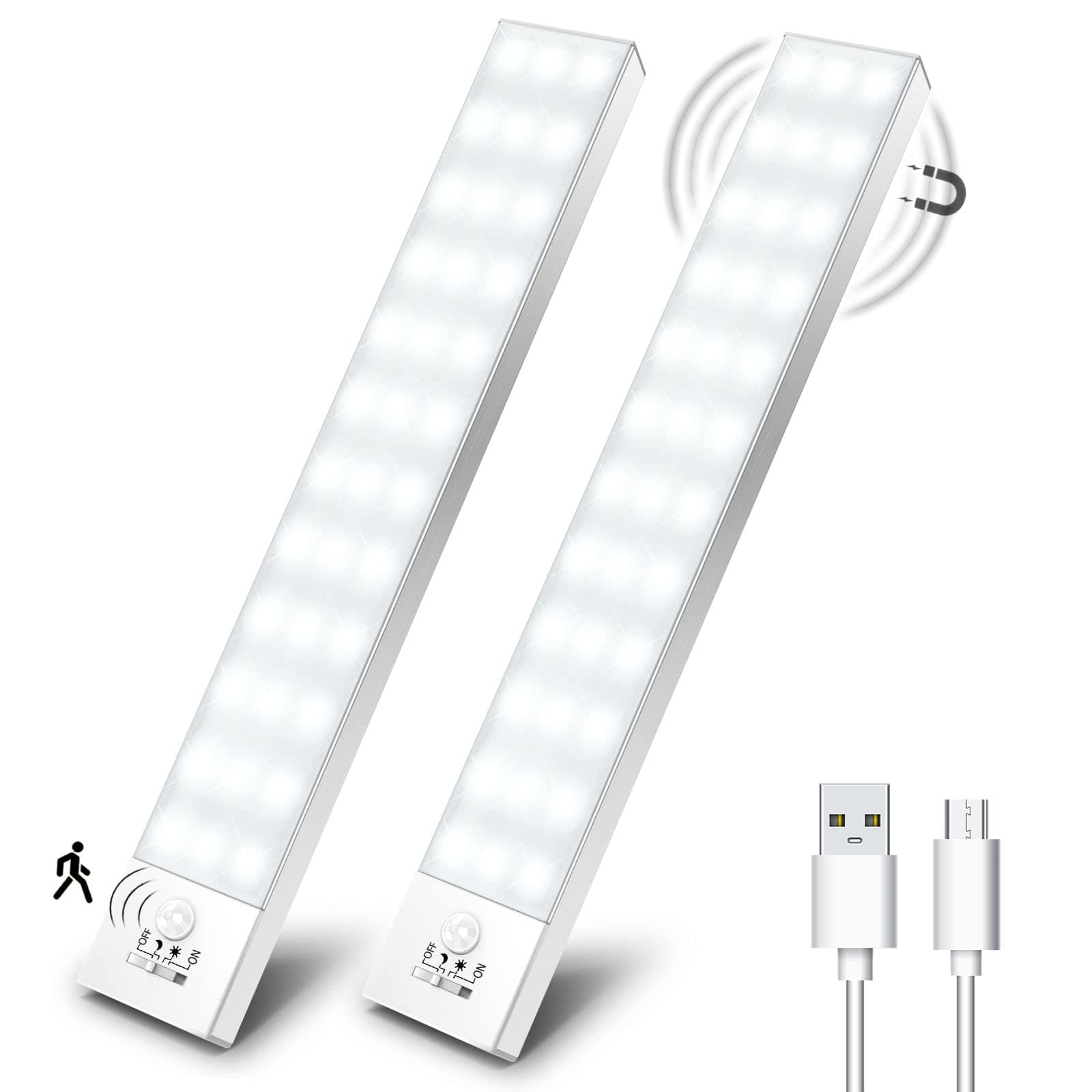 🌟 OUILA Schrankbeleuchtung LED mit Bewegungsmelder 2 Stück - Schranklicht Schrankleuchte Led Leiste Batterie USB Wiederaufladbar Unterbauleuchte Küche für Kleiderschrank, Treppe, Kofferraum, RV 5000k-weiß 23cm-2 Stück 🌟