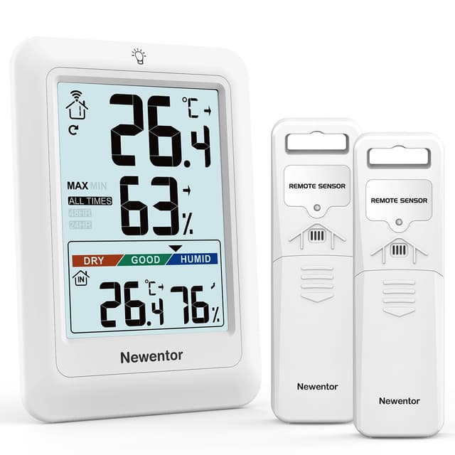 🌡️🌧️ Newentor MAX MIN Thermometer innen außen 24/48 Std./alle Zeiten - Hygrometer Luftfeuchtigkeitsmesser mit Luftkomfort - Wetterstation Funk mit 2 Außensensor - Raumthermometer mit Beleuchtung, Weiß Weiß 1*Station + 2*Außensensor