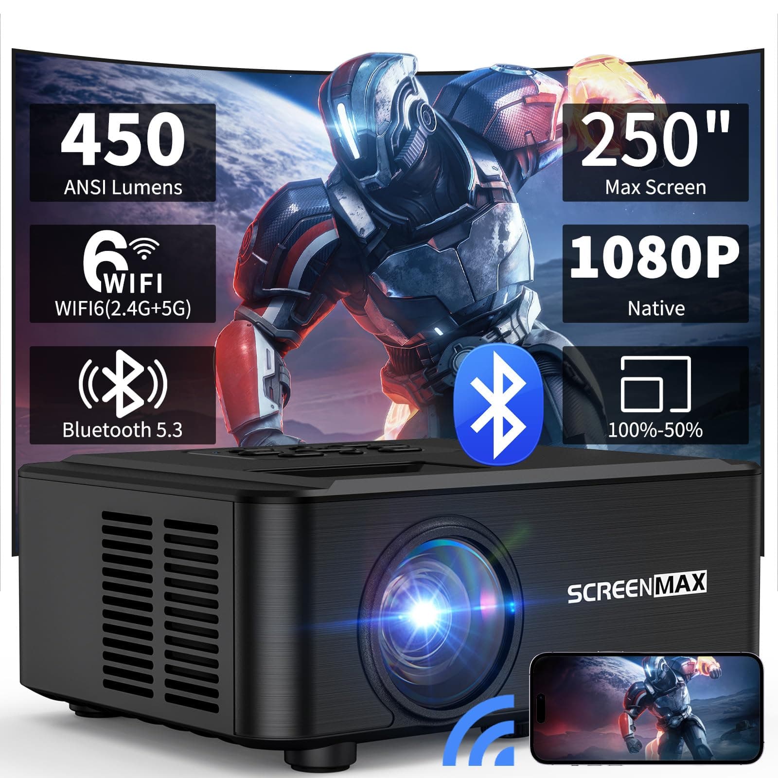SCREENMAX Beamer Heimkino Beamer Upgraded WiFi 6 und Bluetooth 5.3