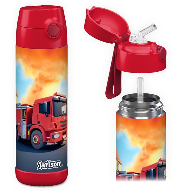 🚒 Jarlson Charli Kinder-Wasserflasche mit Strohhalm - Feuerwehr Rot 500 ml