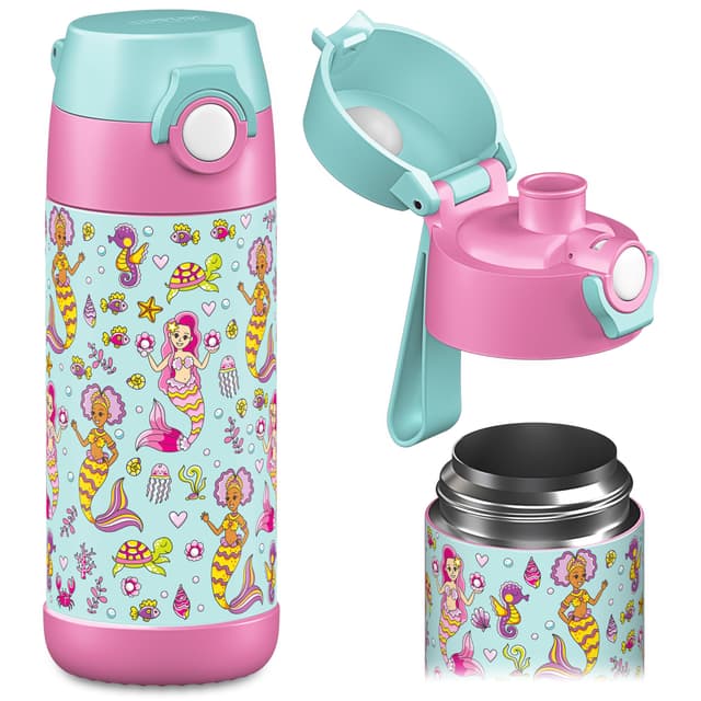 JARLSON® Trinkflasche Kinder 'MALI' - Thermo Edelstahl Wasserflasche - BPA frei - 🌊 Meerjungfrau Design 🧜‍♀️