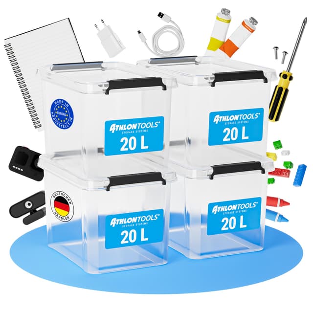 Angebot: ATHLON TOOLS 4x 20 L Aufbewahrungsboxen mit Deckel, lebensmittelecht - Verschlussclips - 100% Neumaterial Plastik-Box transparent - Kleiderboxen stapelbar