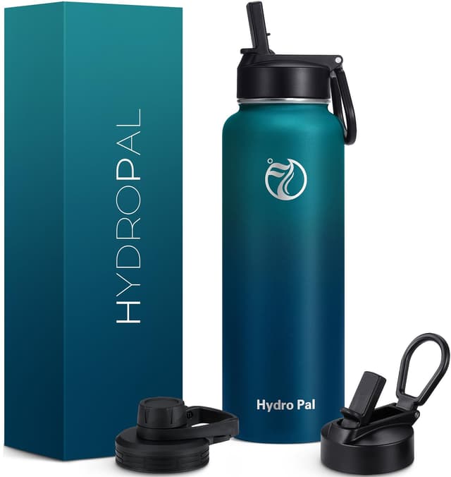 HydroPal Edelstahl Trinkflasche - 750ml, 1L, 1,2L - Isolierte Flasche mit Strohhalm & 2 Deckel