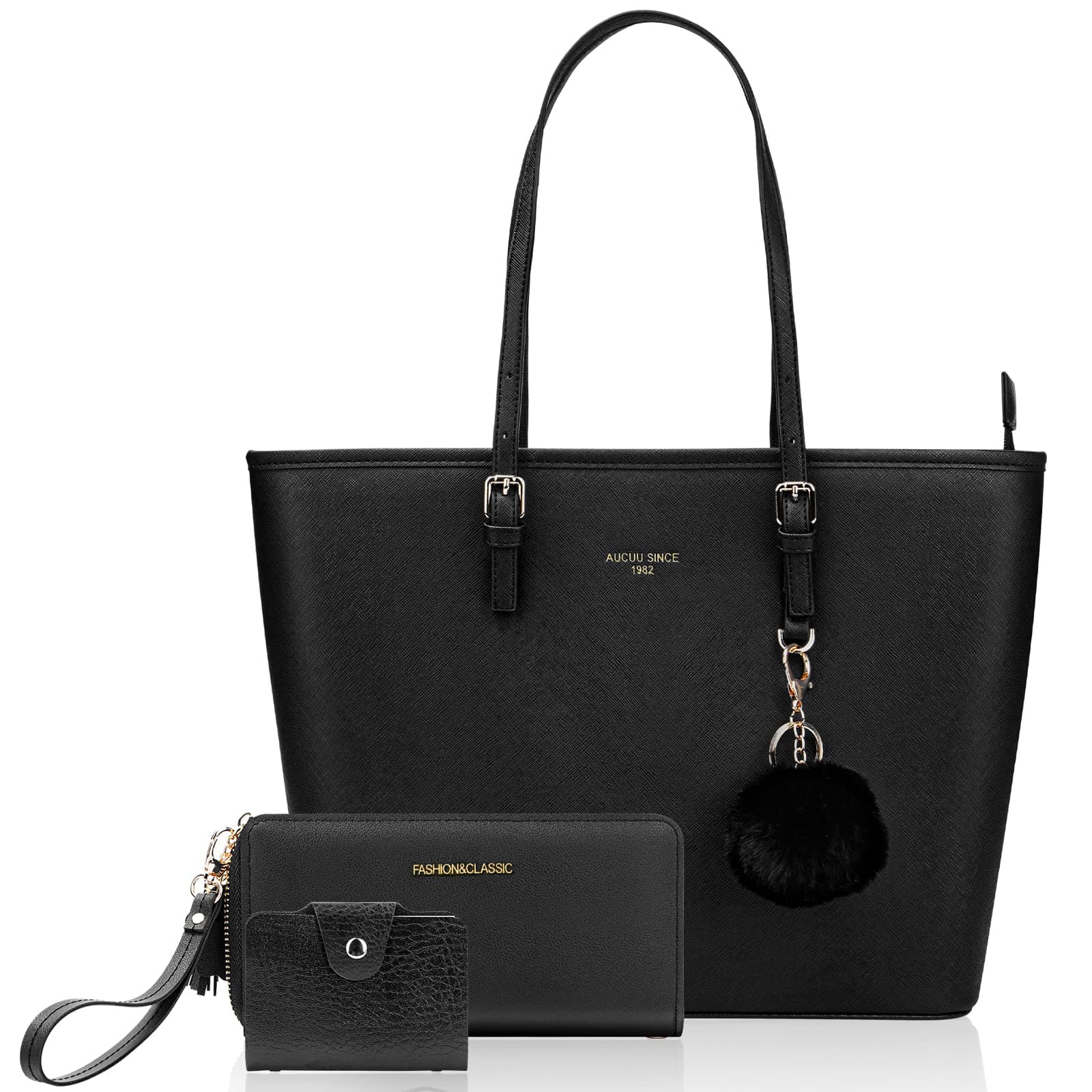 URAQT Damen Handtasche Schwarz 🎁 Damen Shopper Handtasche Leder Damen Tasche Groß Schule Handtasche für Büro Schule Einkauf mit Kaninchen Pelz Kugel Plüsch Schlüsselring