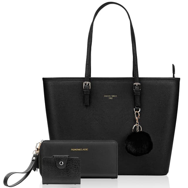 URAQT Damen Handtasche Schwarz 🎁 Damen Shopper Handtasche Leder Damen Tasche Groß Schule Handtasche für Büro Schule Einkauf mit Kaninchen Pelz Kugel Plüsch Schlüsselring