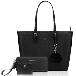 URAQT Damen Handtasche Schwarz 🎁 Damen Shopper Handtasche Leder Damen Tasche Groß Schule Handtasche für Büro Schule Einkauf mit Kaninchen Pelz Kugel Plüsch Schlüsselring