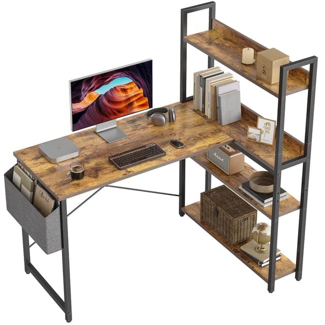 CubiCubi Schreibtisch mit Regal und Seitentasche 🌟 L-Form Design für Heimbüro 📚 120cm Braun
