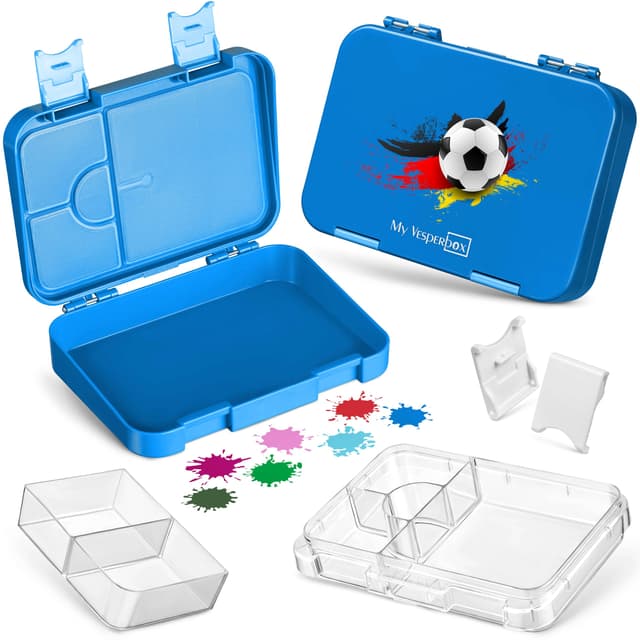 My Vesperbox – Len - Bento Box Kinder - Lunchbox mit 4+2 Fächern - extrem robust – Brotdose – Brotbox ideal für Kindergarten und Schule… (Blau - Fußball)