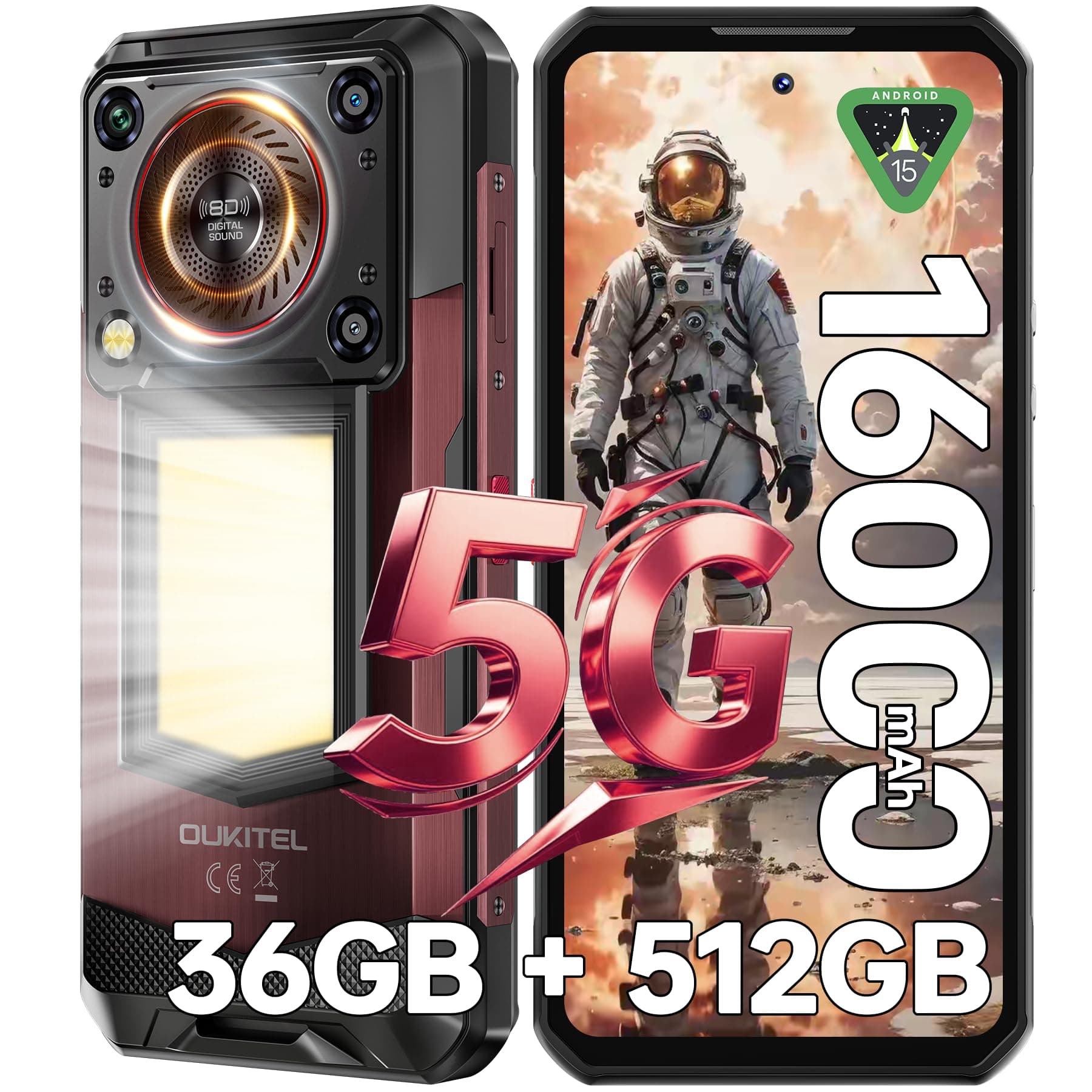 OUKITEL WP56 5G Outdoor Smartphone - 36GB+512GB/2TB 16000mAh 108MP Android 15 Outdoor Handy 128DB Lautsprecher 6,8" FHD+ 120Hz Baustellenhandy 1000LM Campinglicht, IP68 Wasserdicht/NFC/GPS/OTG/BT5.2 Rot
