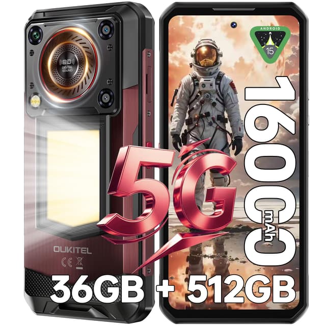 OUKITEL WP56 5G Outdoor Smartphone - 36GB+512GB/2TB 16000mAh 108MP Android 15 Outdoor Handy 128DB Lautsprecher 6,8" FHD+ 120Hz Baustellenhandy 1000LM Campinglicht, IP68 Wasserdicht/NFC/GPS/OTG/BT5.2 Rot