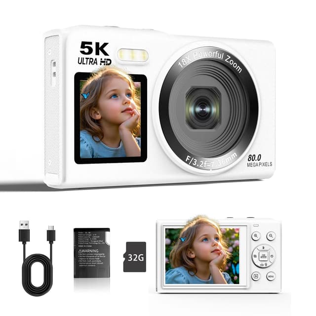 📸🔥 Digitalkamera 5K 80MP Fotokamera mit WiFi | 32G Speicherkarte | Micro Bildschirm LCD | 16X Digitalzoom für Kinder YouTube white