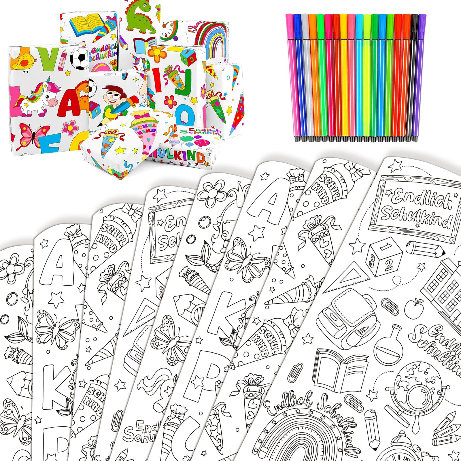 DPKOW Ausmal Geschenkpapier Einschulung, 8 Schulanfang Geschenkpapier Kinder 🌈📚🦄