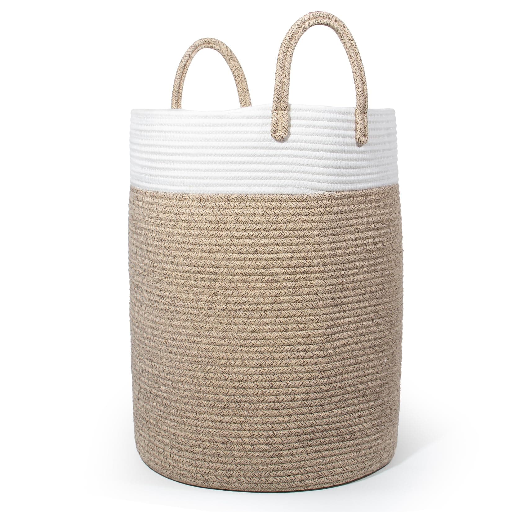 🌟 SYLANDO Wäschekorb mit Henkel, Spielzeug Aufbewahrung, Aufbewahrungsbox Geflochten, Wäschesammler Groß, Aufbewahrungskorb Kinderzimmer (Braun&Weiß, D 38 x H 50 CM) Braun&Weiß D 38 x H 50 CM 🌟