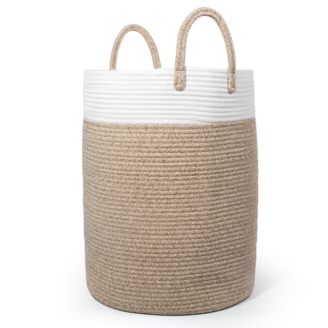 🌟 SYLANDO Wäschekorb mit Henkel, Spielzeug Aufbewahrung, Aufbewahrungsbox Geflochten, Wäschesammler Groß, Aufbewahrungskorb Kinderzimmer (Braun&Weiß, D 38 x H 50 CM) Braun&Weiß D 38 x H 50 CM 🌟