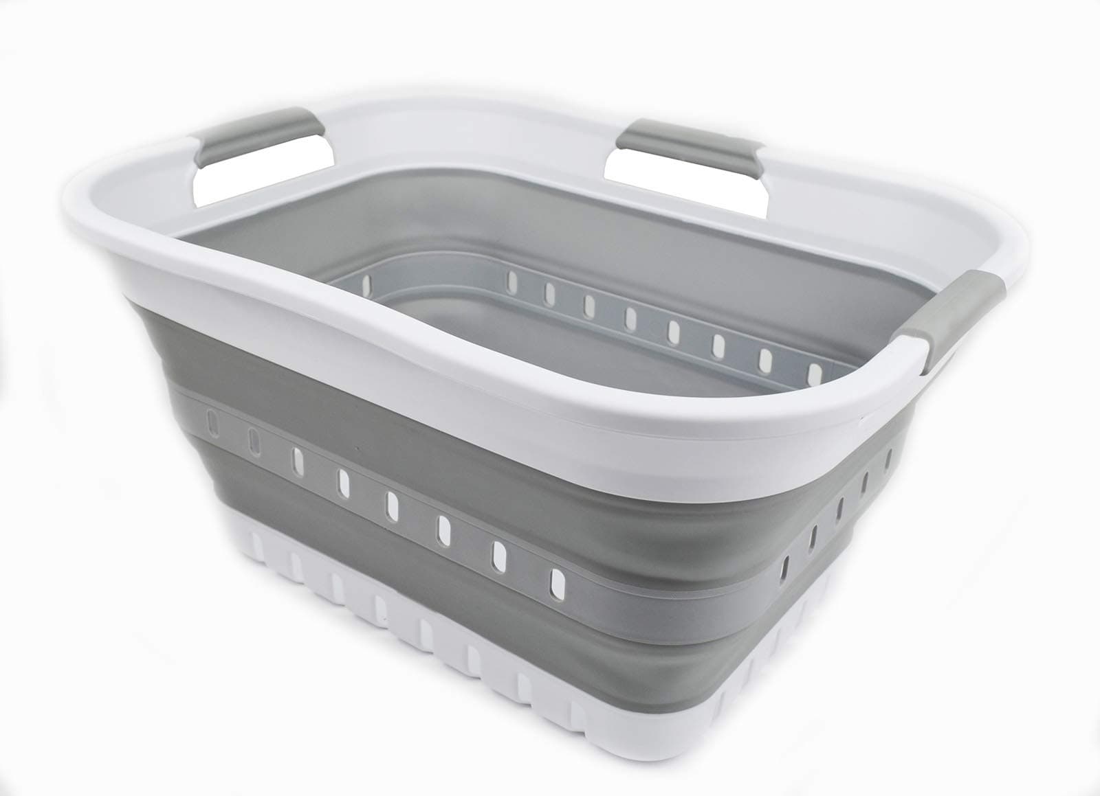 🎉🛍️ SAMMART 30L Collapsible 3 Handled Plastic Wäschekorb - Faltbarer Pop-Up-Vorratsbehälter/Organizer - Tragbare Waschwanne - Platzsparender Korb/Korb (Weiß/Grau) - 15.7€