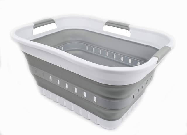 🎉🛍️ SAMMART 30L Collapsible 3 Handled Plastic Wäschekorb - Faltbarer Pop-Up-Vorratsbehälter/Organizer - Tragbare Waschwanne - Platzsparender Korb/Korb (Weiß/Grau) - 15.7€