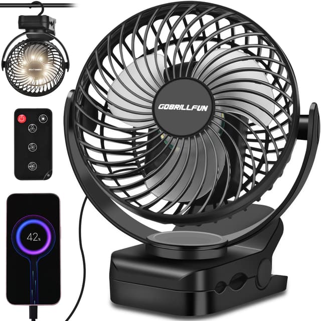 🌬️🔦 GOBRILLFUN 6 Zoll 12000 mAh Fernbedienung Clip-On-Ventilator - Schwarz 🏕️🖥️
