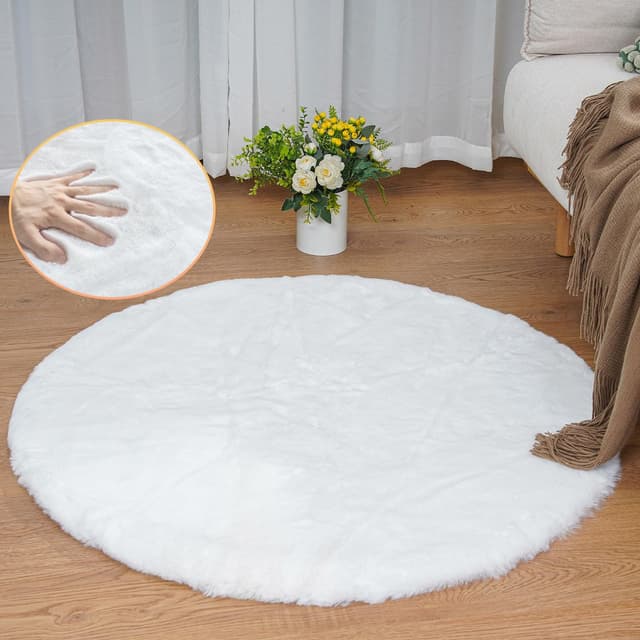 ORINOVA Teppich Rund Schlafzimmer Flauschig Waschbar Weiß 90 cm 🛋️🐇