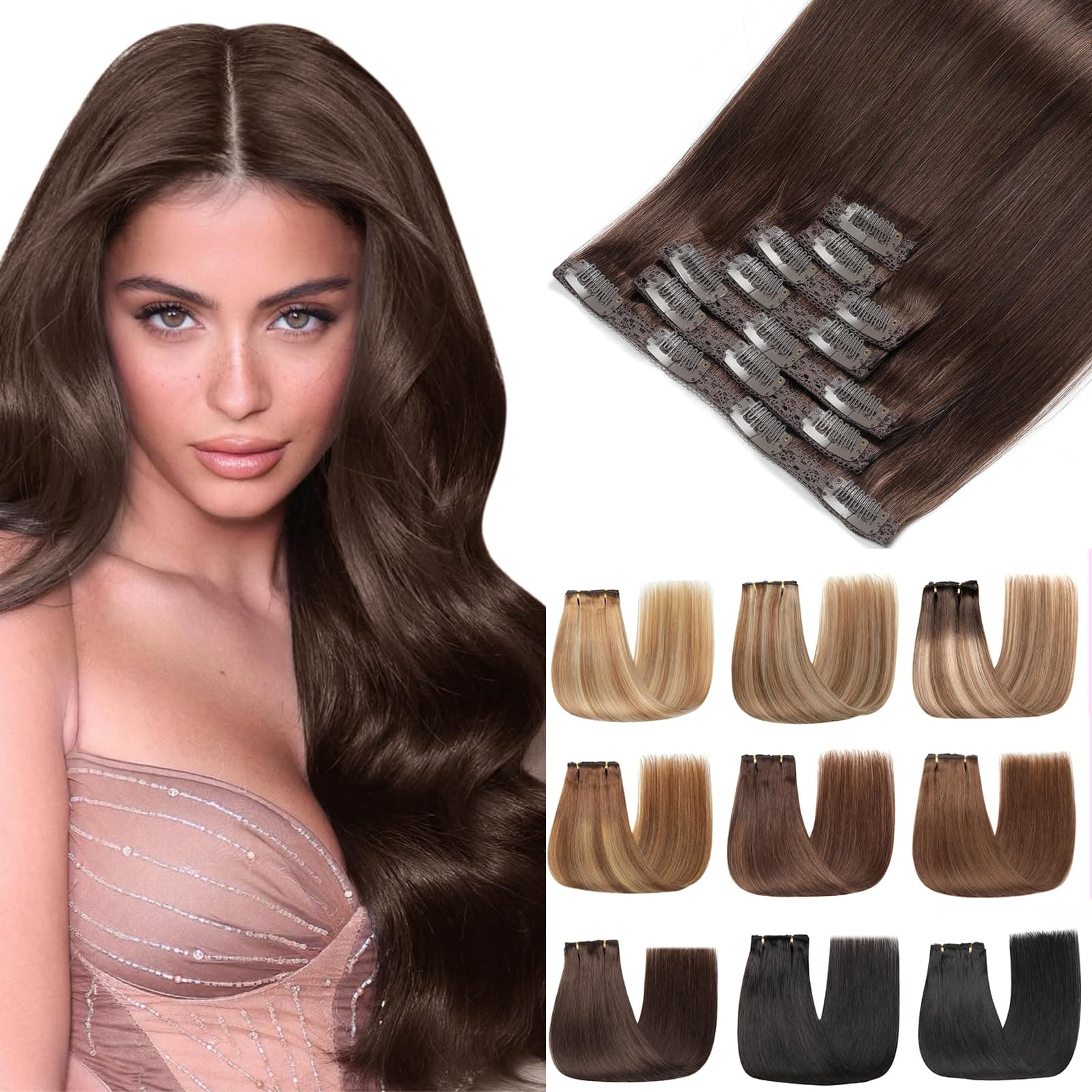 EINbeauty Clip In Extensions Echthaar 7Stücke 120g 60cm Extensions Echthaar Gerade Unsichtbar Echthaar Extensions Dunkel Braun Extensions Clip In Haarverlängerung（24Zoll，2#）