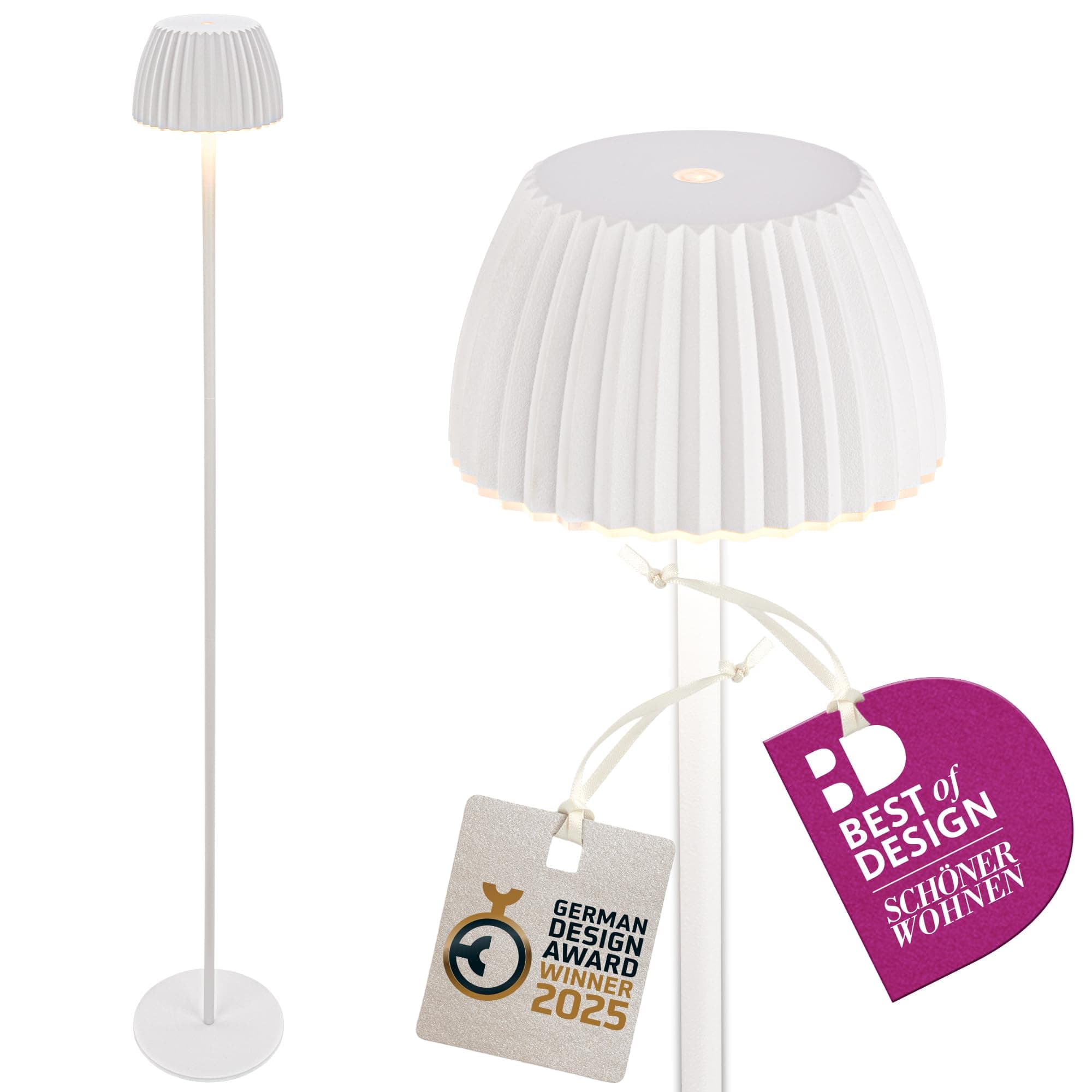 BRILONER - Riffle LED Stehlampe kabellos IP44 mit Touch, dimmbar, Memoryfunktion, Akku tauschbar, Akku Stehleuchte, Leselampe, Wohnzimmerlampe, German Design Award Winner 2025