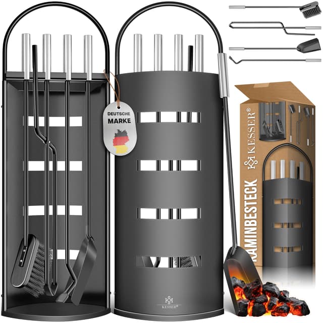 🔥 KESSER® 5-teiliges Kaminbesteck Set | Modernes Design, hochwertige Kamingarnitur aus Edelstahl Schwarz