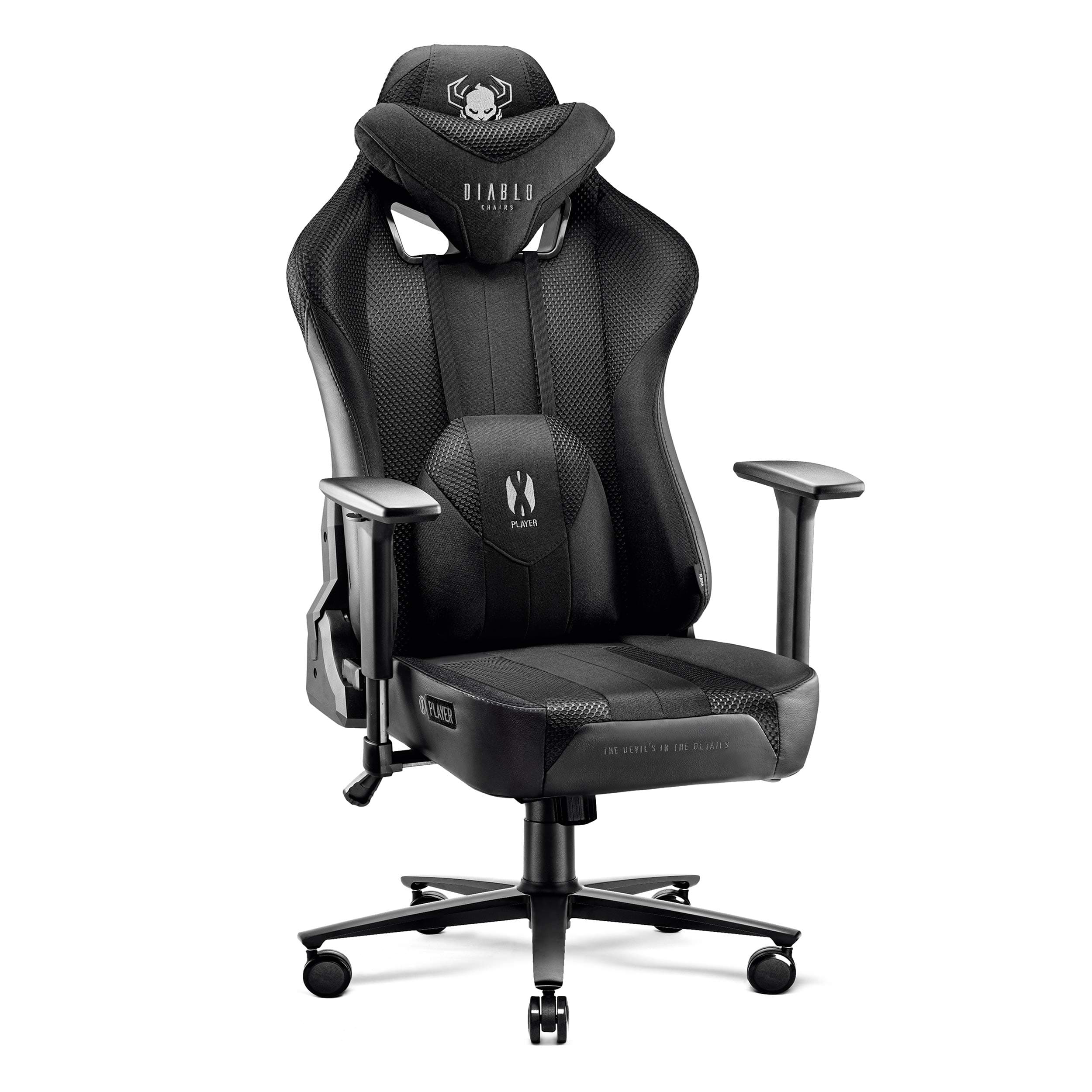 Diablo Gaming Stuhl Stoff X-Player 2.0 - Breite Sitzfläche - Gaming Chair mit 3D Armlehnen - Nacken/- Lendenkissen Wippfunktion - Bürostuhl 160 kg - Pc Gaming Stuhl Ergonomisch - King (XL) Schwarz 🎮🪑