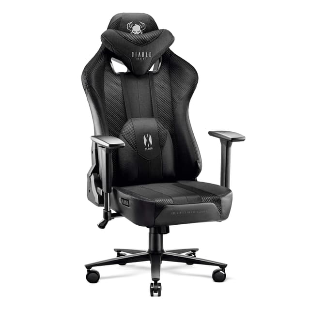 Diablo Gaming Stuhl Stoff X-Player 2.0 - Breite Sitzfläche - Gaming Chair mit 3D Armlehnen - Nacken/- Lendenkissen Wippfunktion - Bürostuhl 160 kg - Pc Gaming Stuhl Ergonomisch - King (XL) Schwarz 🎮🪑