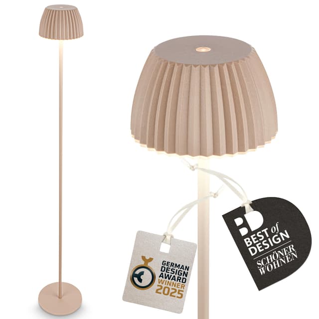 BRILONER - Riffle LED Stehlampe kabellos IP44 mit Touch, dimmbar, Memoryfunktion, Akku tauschbar, German Design Award Winner 2025