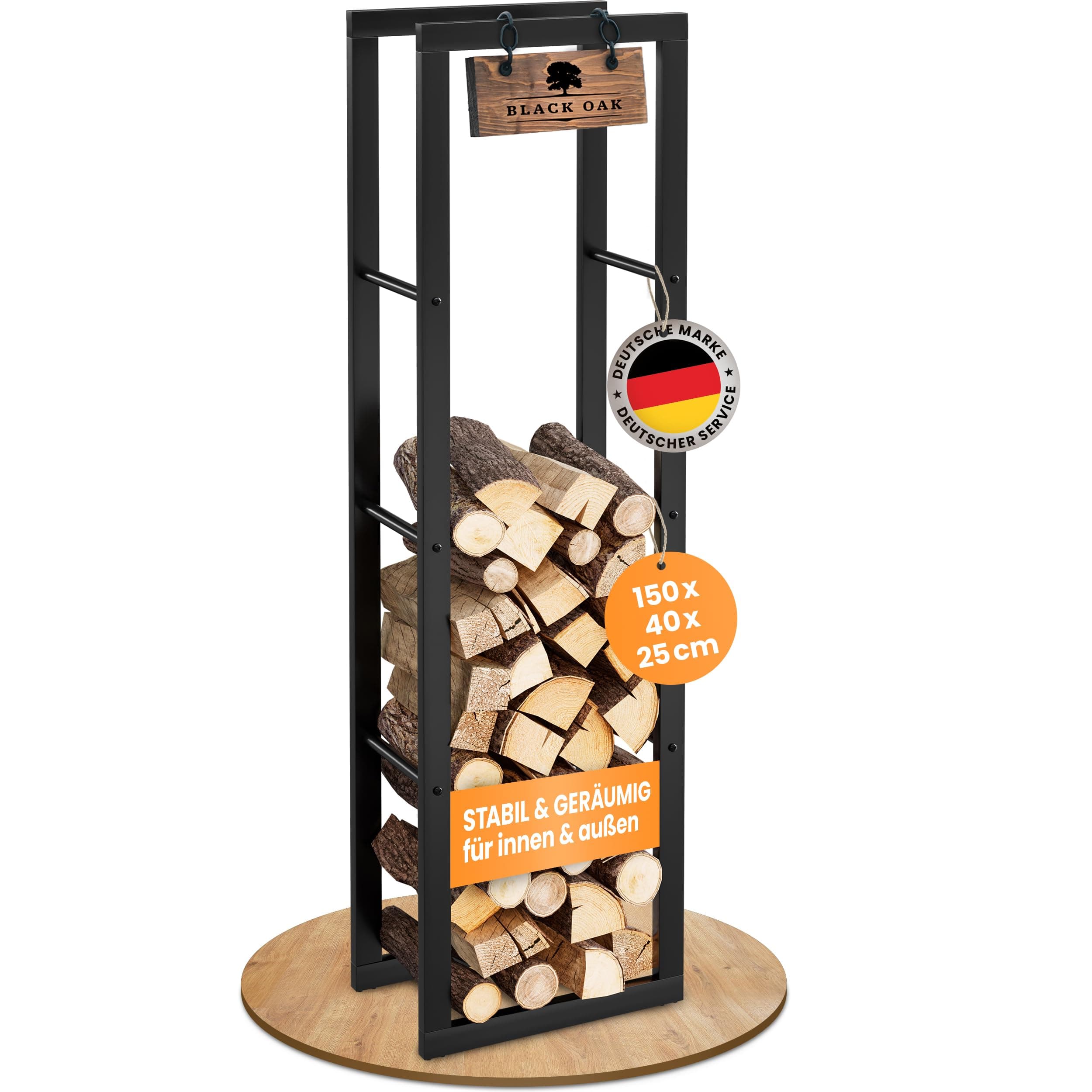BLACK OAK Kaminholzregal JACK 150x40x25cm schwarz - für innen & außen bis 400kg Holz