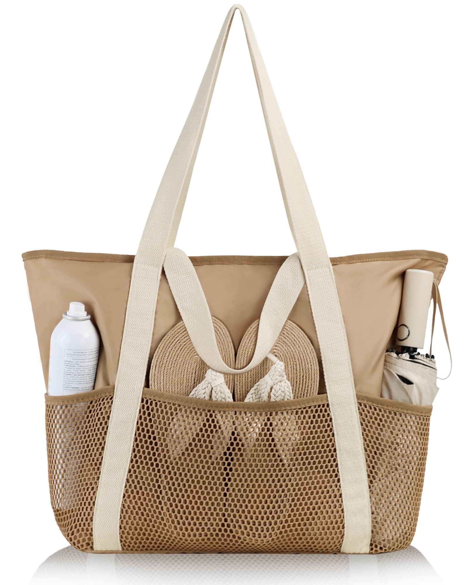 HOMESPON Strandtasche Damen mit Reißverschluss Große Wasserdicht Mesh Badetasche Familie Faltbar Beach Tote Bag Shopper Khaki 🏖️