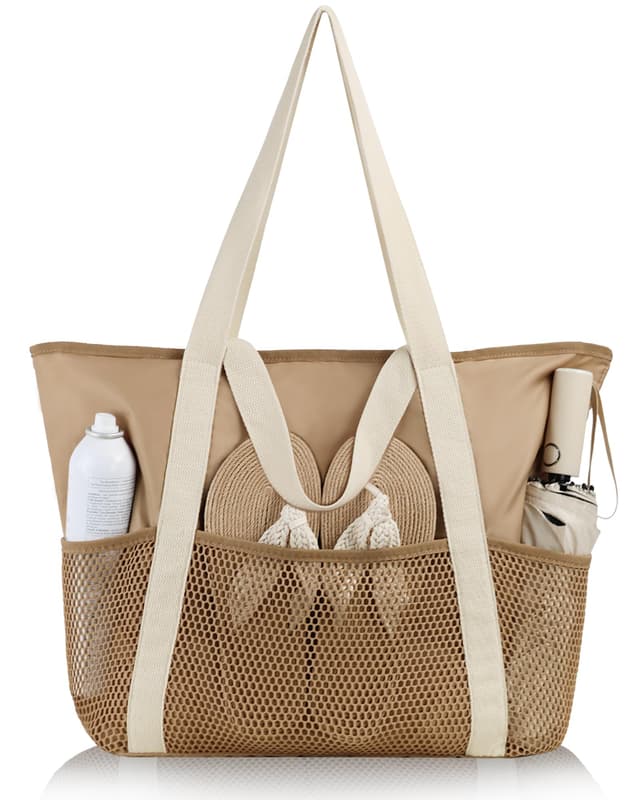 HOMESPON Strandtasche Damen mit Reißverschluss Große Wasserdicht Mesh Badetasche Familie Faltbar Beach Tote Bag Shopper Khaki 🏖️