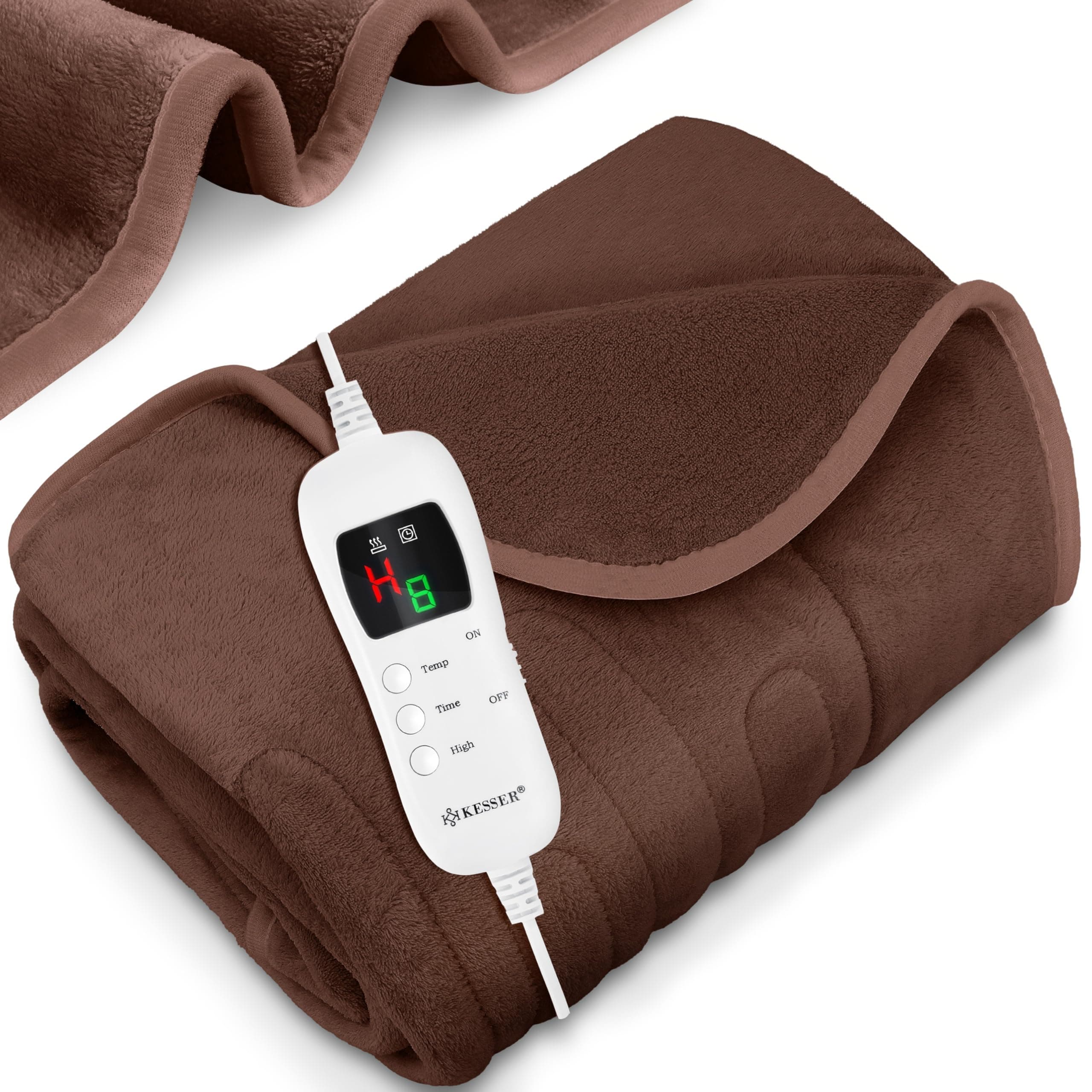 KESSER® Heizdecke aus Plüsch 200x180cm Braun TÜV SÜD GS geprüft | Elektrische Wärmedecke mit Timer Abschaltautomatik 🔥🔌 | Kuscheldecke Decke 🛋️ | 9 Temperaturstufen | Waschbar bis 40°C | Digitalanzeige 200 x 180 cm Braun